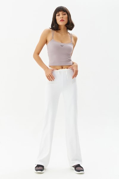 Kadın Beyaz Yüksek Bel Bol Paça Pamuklu Spor ve Günlük Kullanım Yoga Pantolonu Eşofman Altı 0311