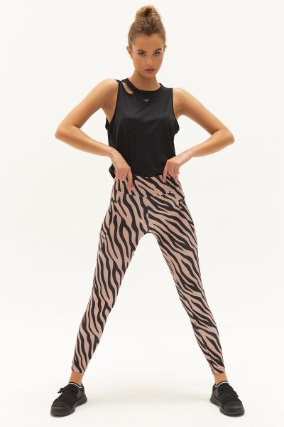 Kadın Bej Zebra Yüksek Bel Desenli Esnek ve Toparlayıcı Sporcu Taytı 0761
