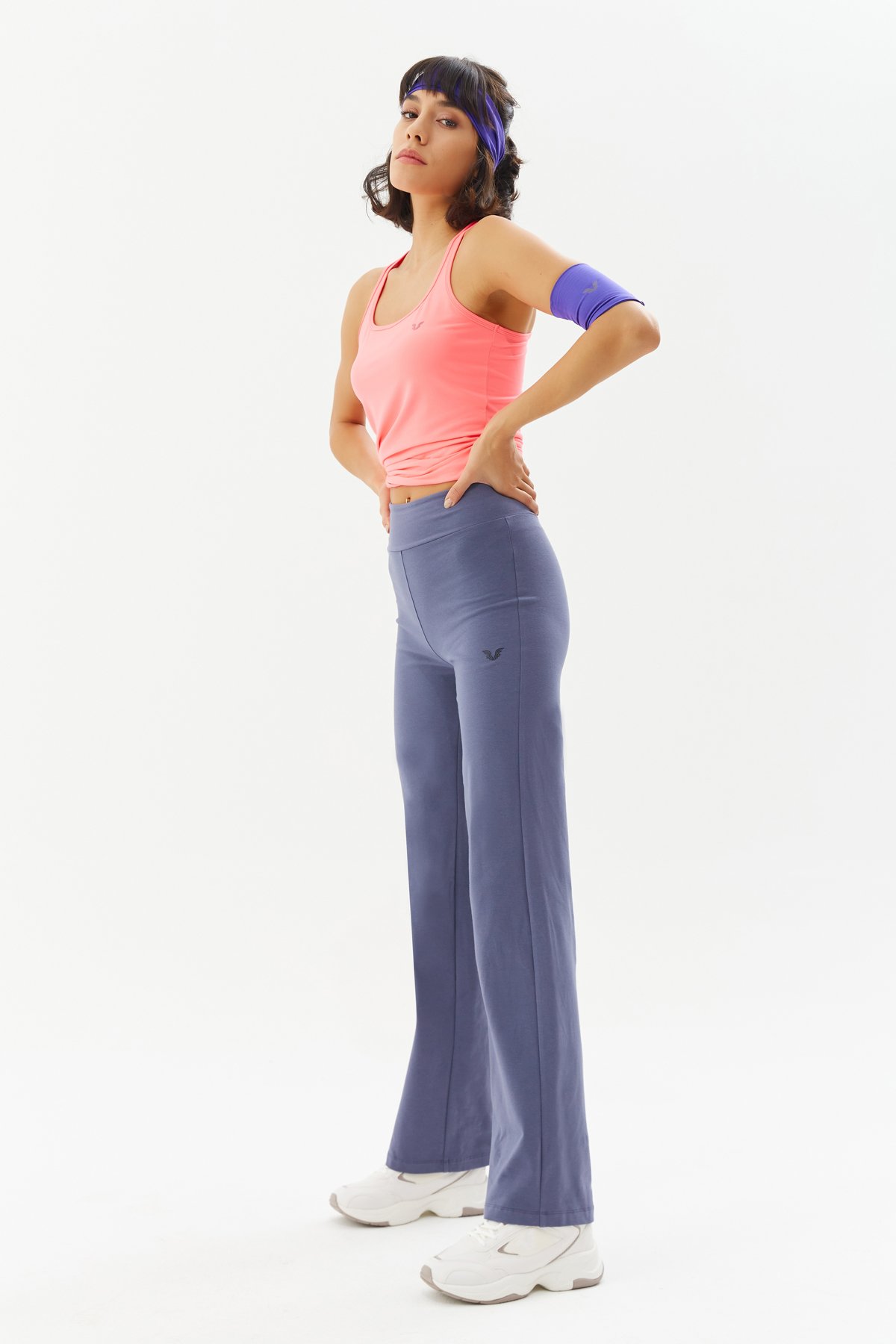 Kadın Açık Lacivert Yüksek Bel Pamuklu Spor ve Günlük Bol Paça Yoga Pantolonu Eşofman Altı 0118