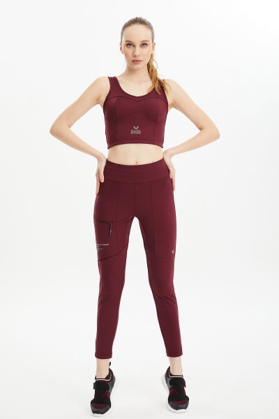 Kadın Bordo Yüksek Bel Likralı Parçalı Outdoor Tayt Pantolon | 0674 