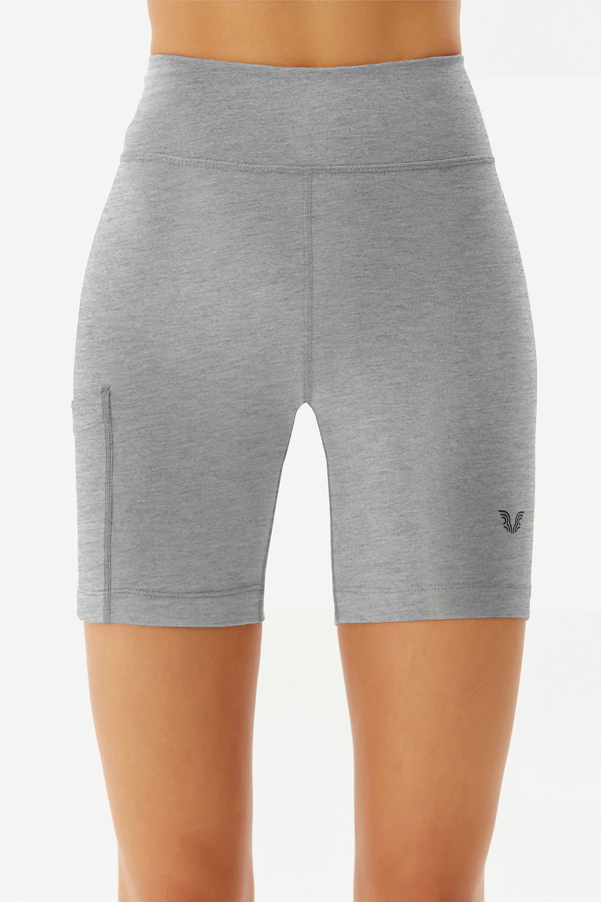 Kadın Gri Melanj Yüksek Bel Organik Pamuklu Esnek ve Toparlayıcı Biker Şort Kısa Spor Tayt | 0114 - BİLCEE (1)