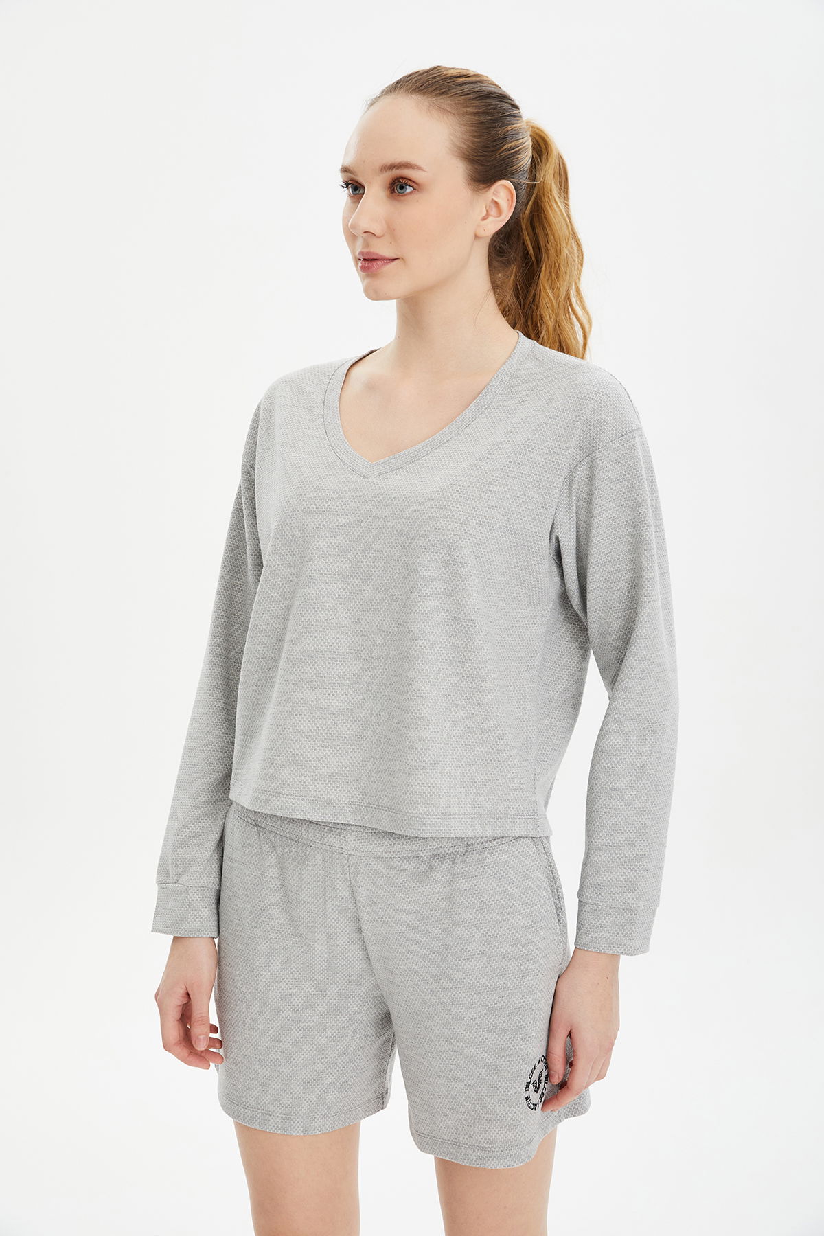 Kadın Gri Melanj Yumuşak Dokulu Alt Üst Şortlu Takım | 0736 - BİLCEE