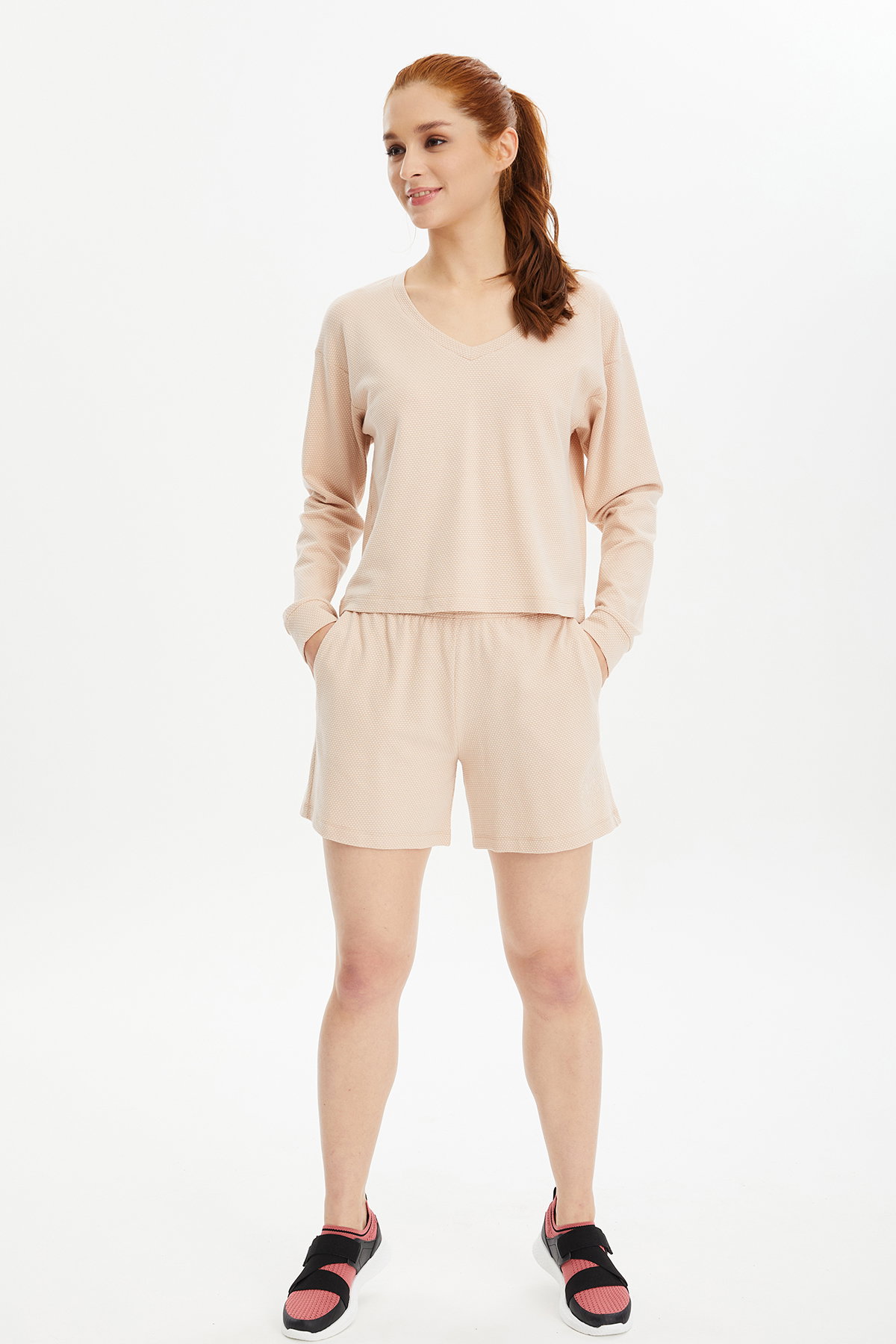 Kadın Krem Yumuşak Dokulu Alt Üst Şortlu Takım | 0736 - BİLCEE