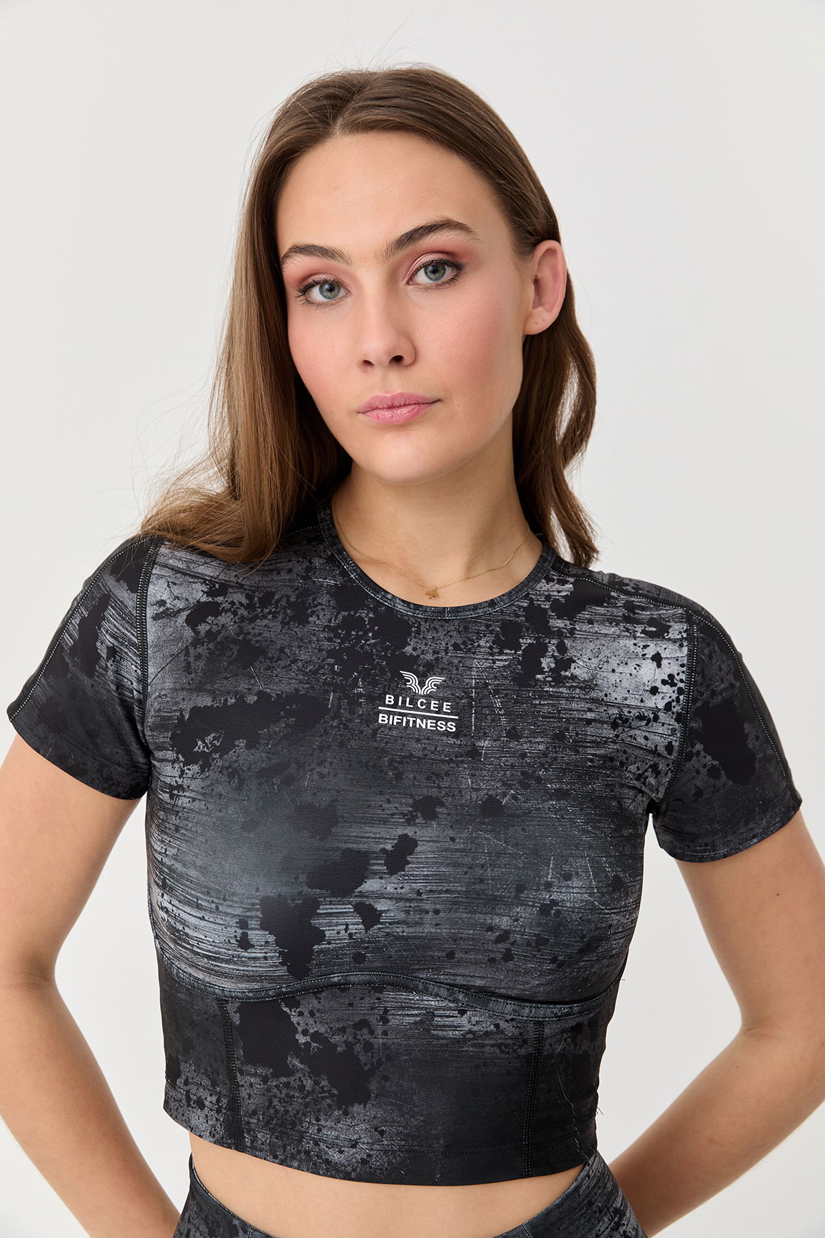 Kadın Gri Mental Yumuşak Dokulu Sporcu Kısa Kol Performans Crop | 1386 - BİLCEE (1)