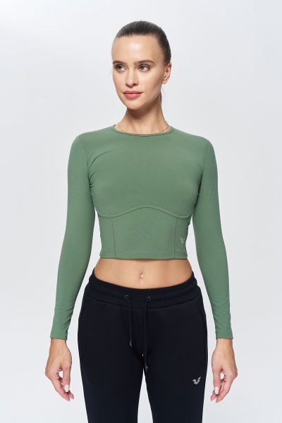 Kadın Yeşil Yumuşak Fırçalı Sporcu Crop Body | 9844 