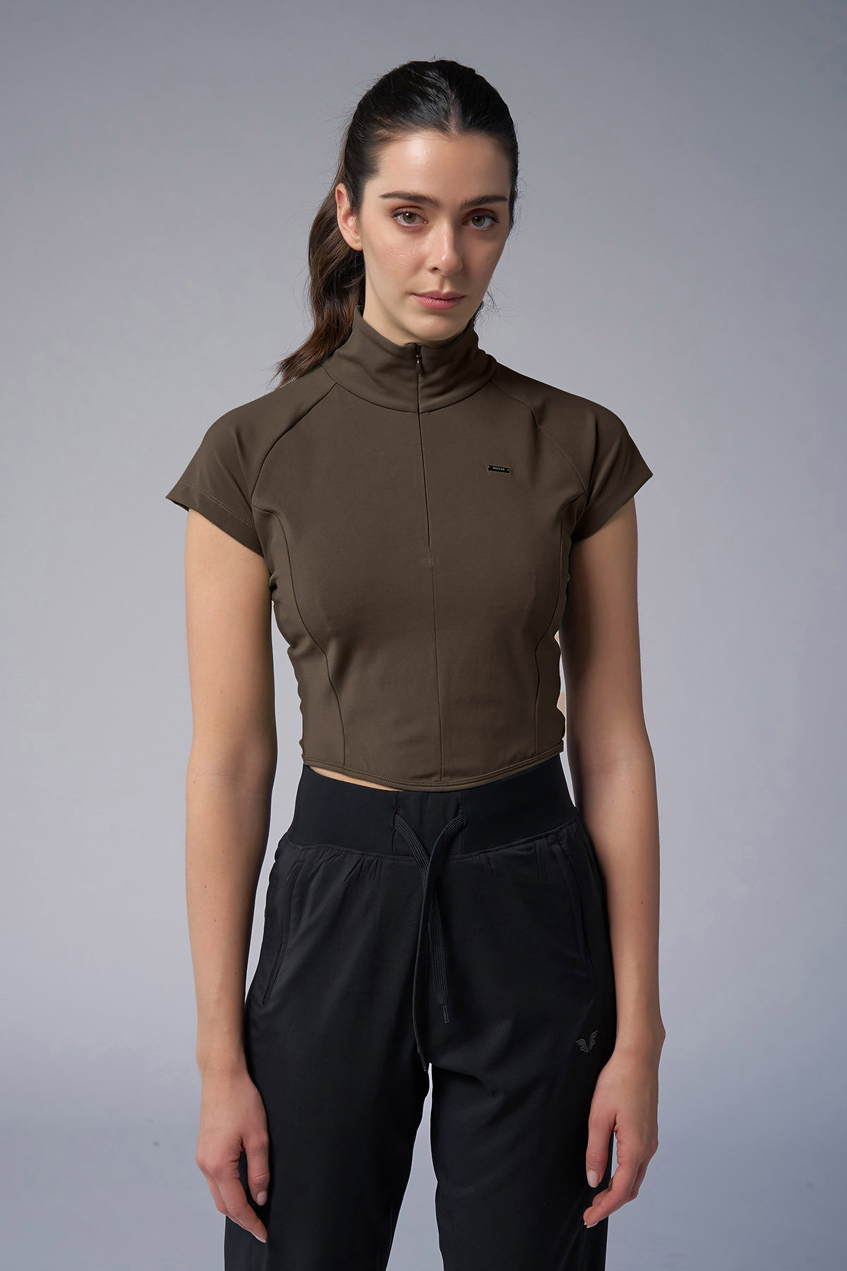 Kadın Kahve Kısa Kollu Yakalı Sörf Body 4059 - BİLCEE (1)