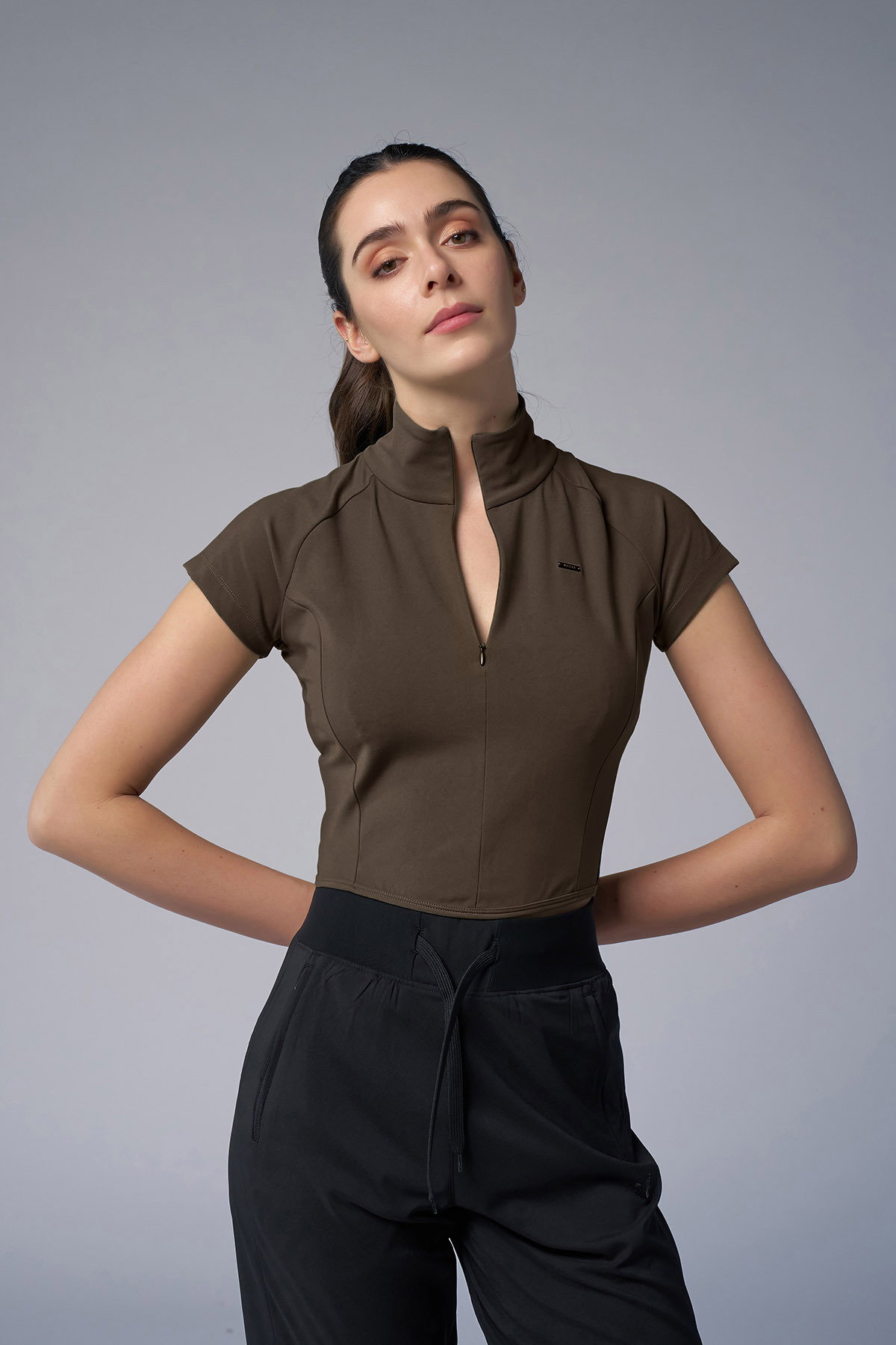 Kadın Kahve Kısa Kollu Yakalı Sörf Body 4059 - BİLCEE