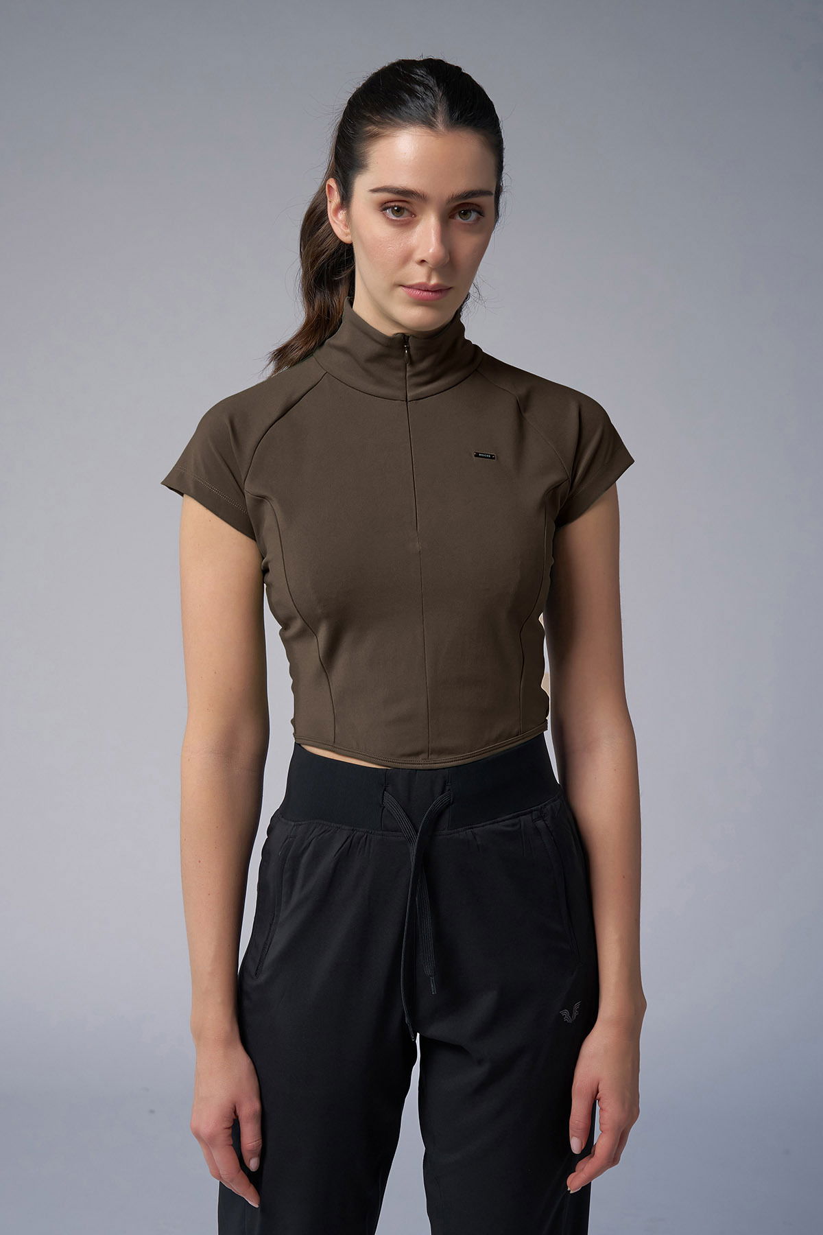 Kadın Kahve Kısa Kollu Yakalı Sörf Body 4059 - BİLCEE (1)