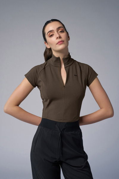 Kadın Kahve Kısa Kollu Yakalı Sörf Body 4059 