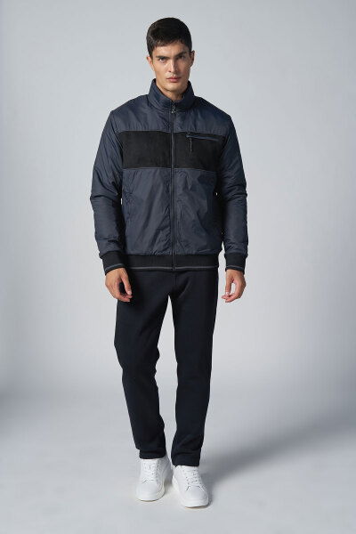 Erkek Koyu Lacivert Dokumalı 3 İplik Polarlı Süet Detaylı Eşofman Takım |4537 