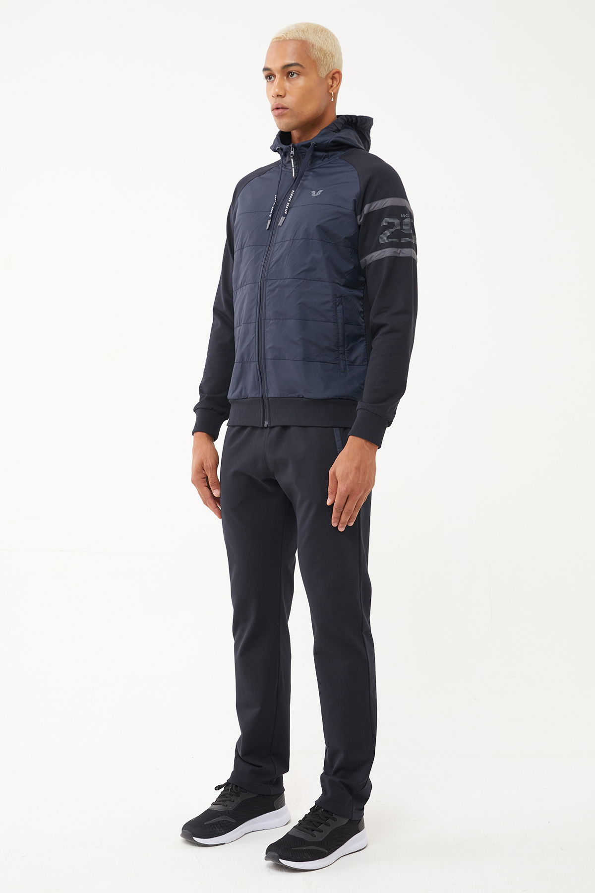 Erkek Koyu Lacivert Pamuk ve Dokumalı Kapşonlu Örme Eşofman Takım 1571 - BİLCEE