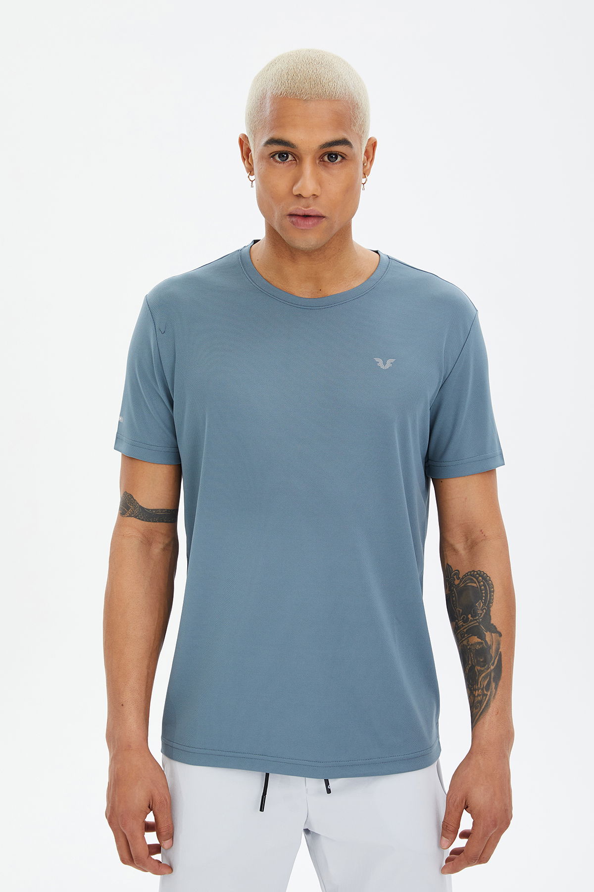 Erkek Mavi Bisiklet Yaka Kısa Kollu Antrenman Fitness Spor Tişört | 1332 - BİLCEE