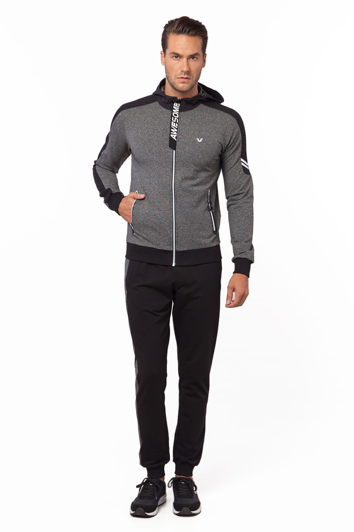Erkek Siyah Baskılı Pamuklu Örme Eşofman Takımı 6101 - BİLCEE