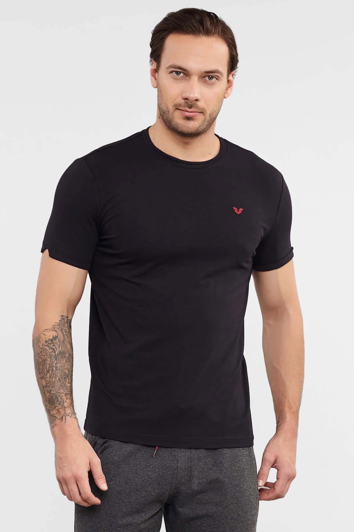 Erkek Siyah Pamuklu Bisiklet Yaka Spor ve Günlük Pamuklu Tişört | 2374 - BİLCEE
