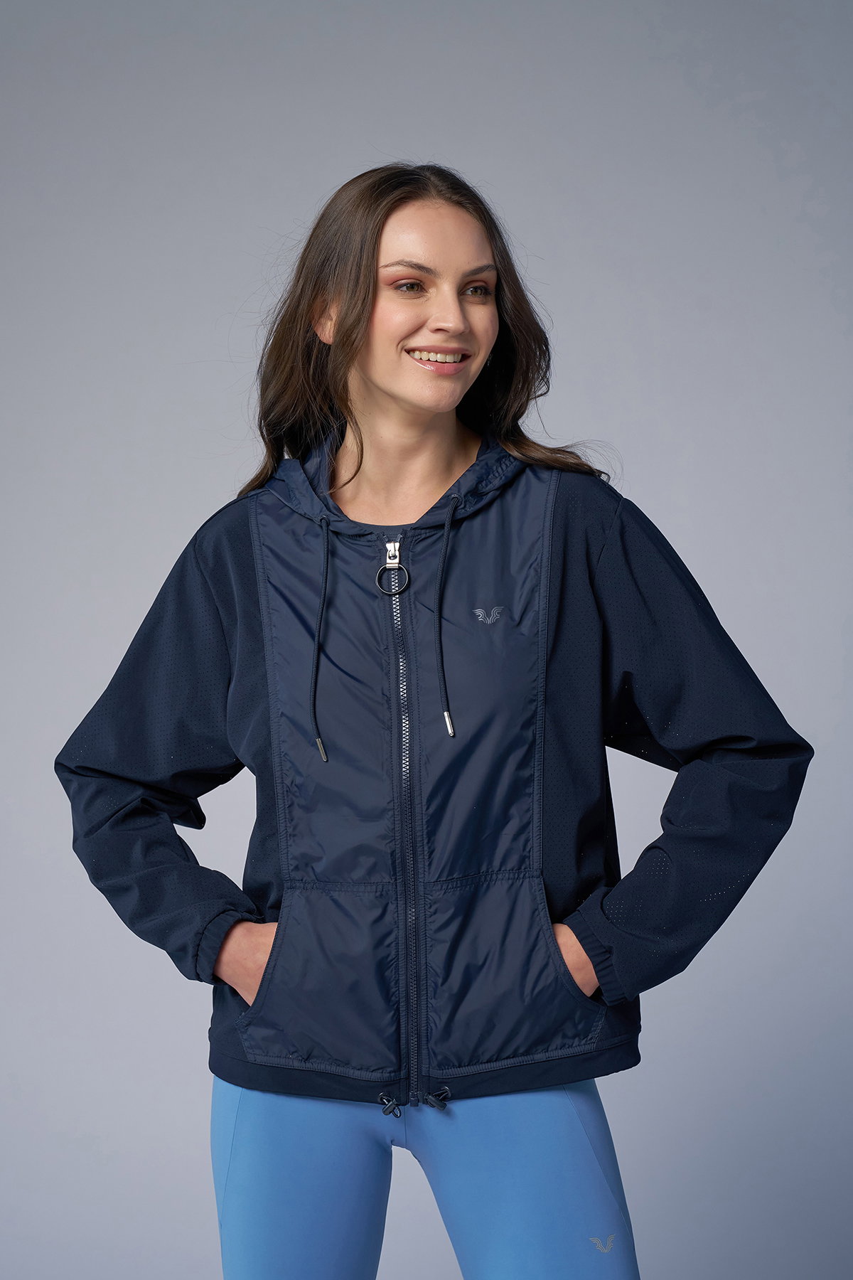 Kadın Açık Lacivert Dokuma Kapüşonlu Spor Ceket | 4172 - BİLCEE