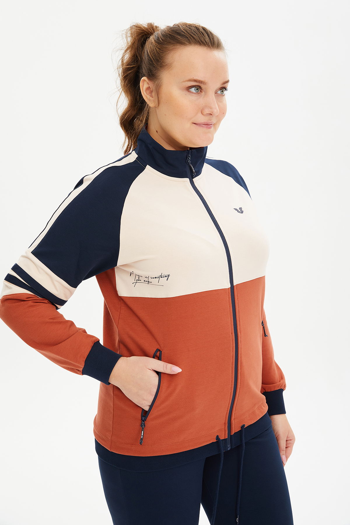 Kadın Bakır Büyük Beden Dik Yakalı Baskı Detaylı Pamuklu Eşofman Takımı 0797 - BİLCEE (1)