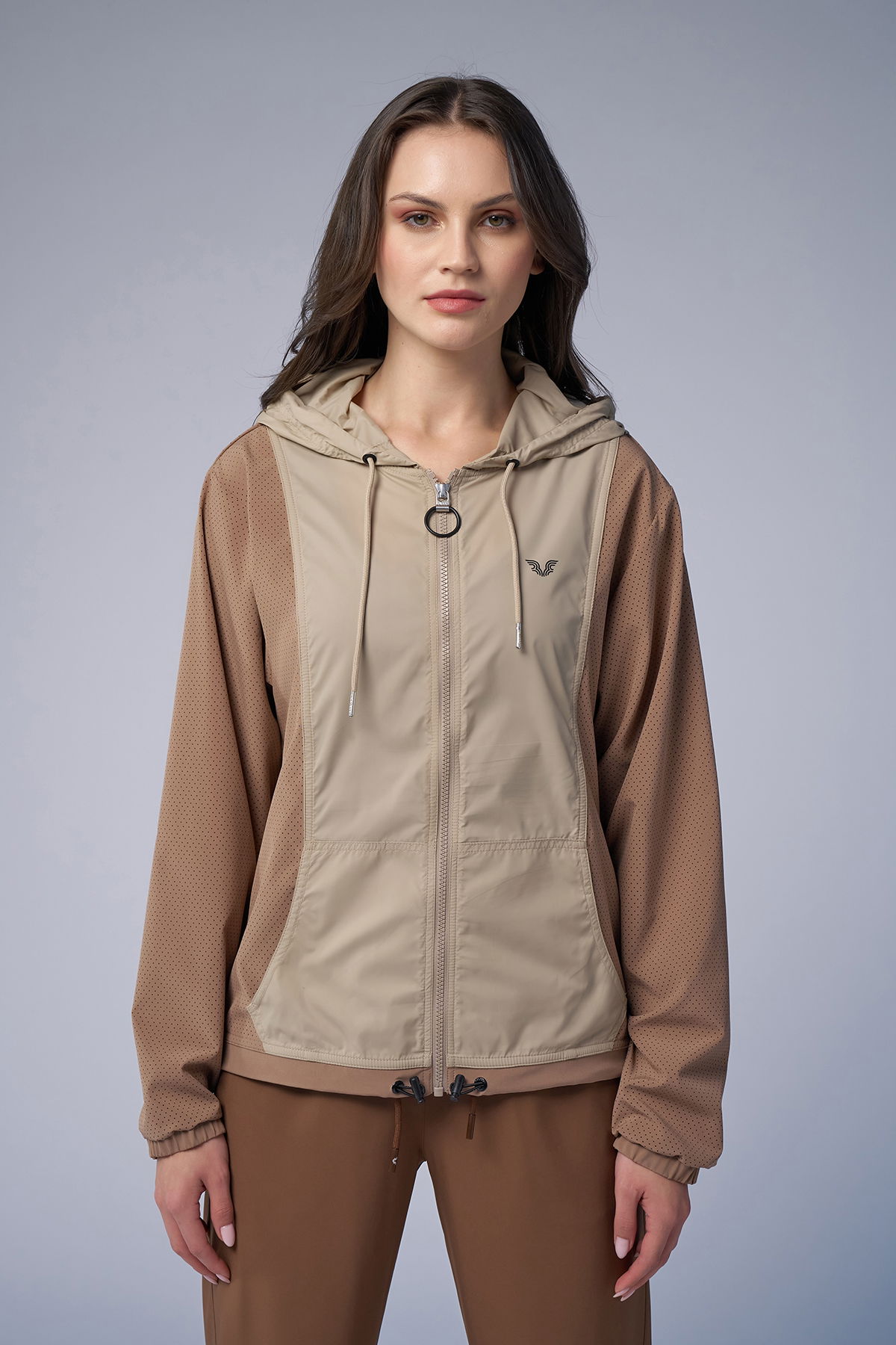 Kadın Açık Kahve Dokuma Kapüşonlu Spor Ceket | 4172 - BİLCEE (1)