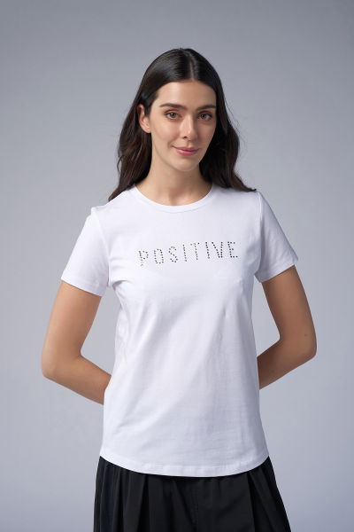 Kadın Beyaz Geometrik Droplu Tişört | 4176 