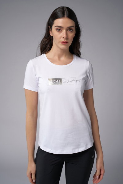 Kadın Beyaz Önü Baskılı ve Taşlı Tişört | 4069 