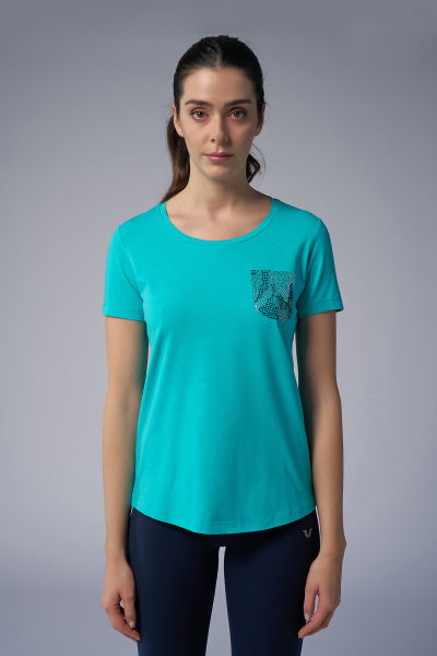 Kadın Turkuaz Cep Taş Baskılı Tişört | 4077 