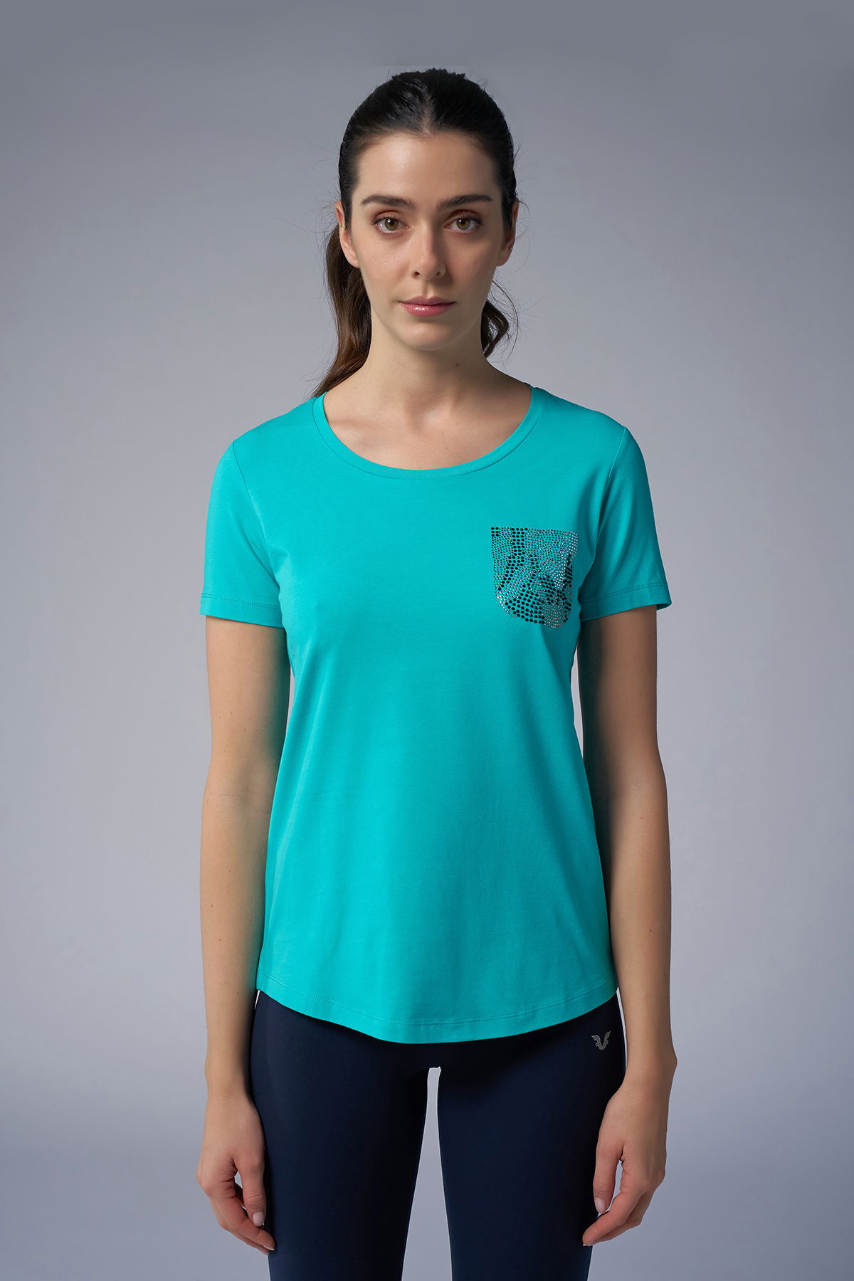 Kadın Turkuaz Cep Taş Baskılı Tişört | 4077 - BİLCEE