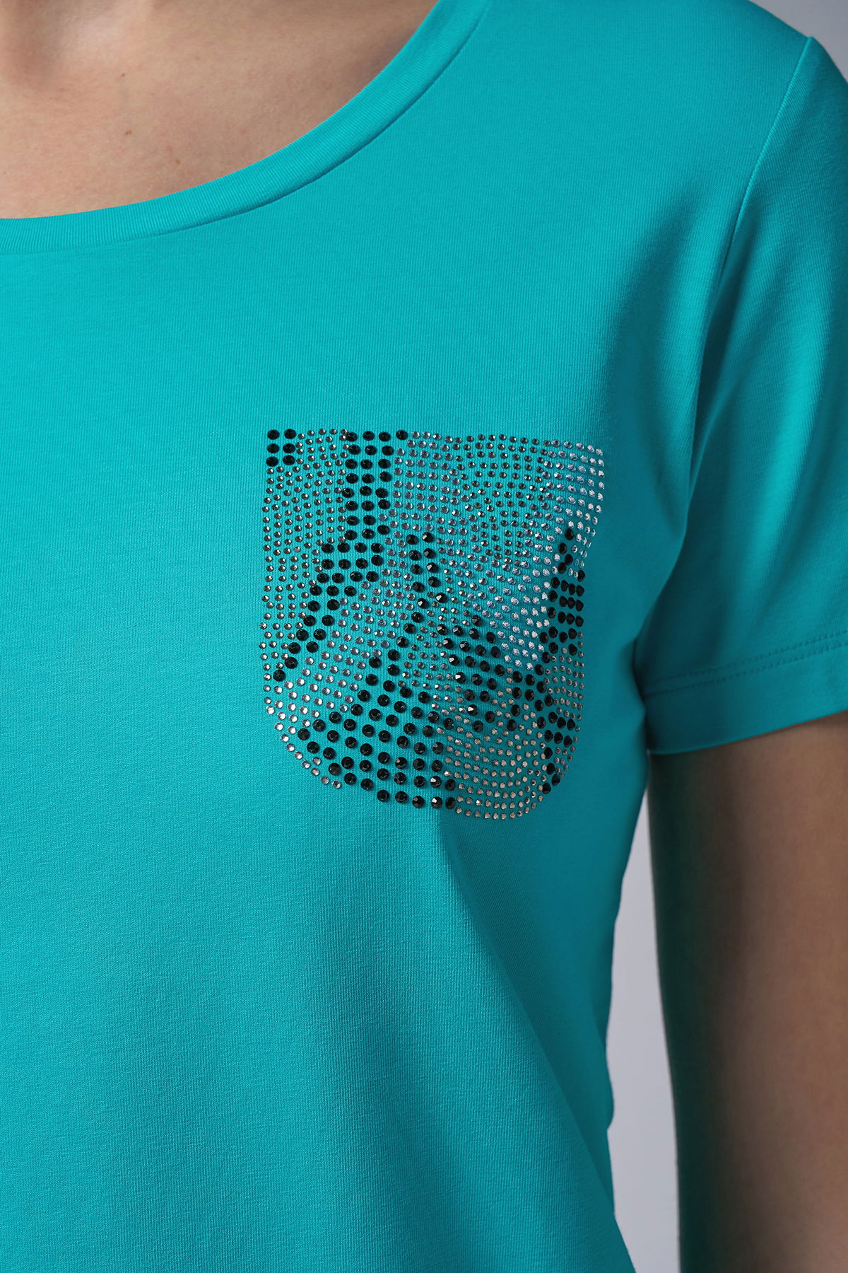Kadın Turkuaz Cep Taş Baskılı Tişört | 4077 - BİLCEE (1)