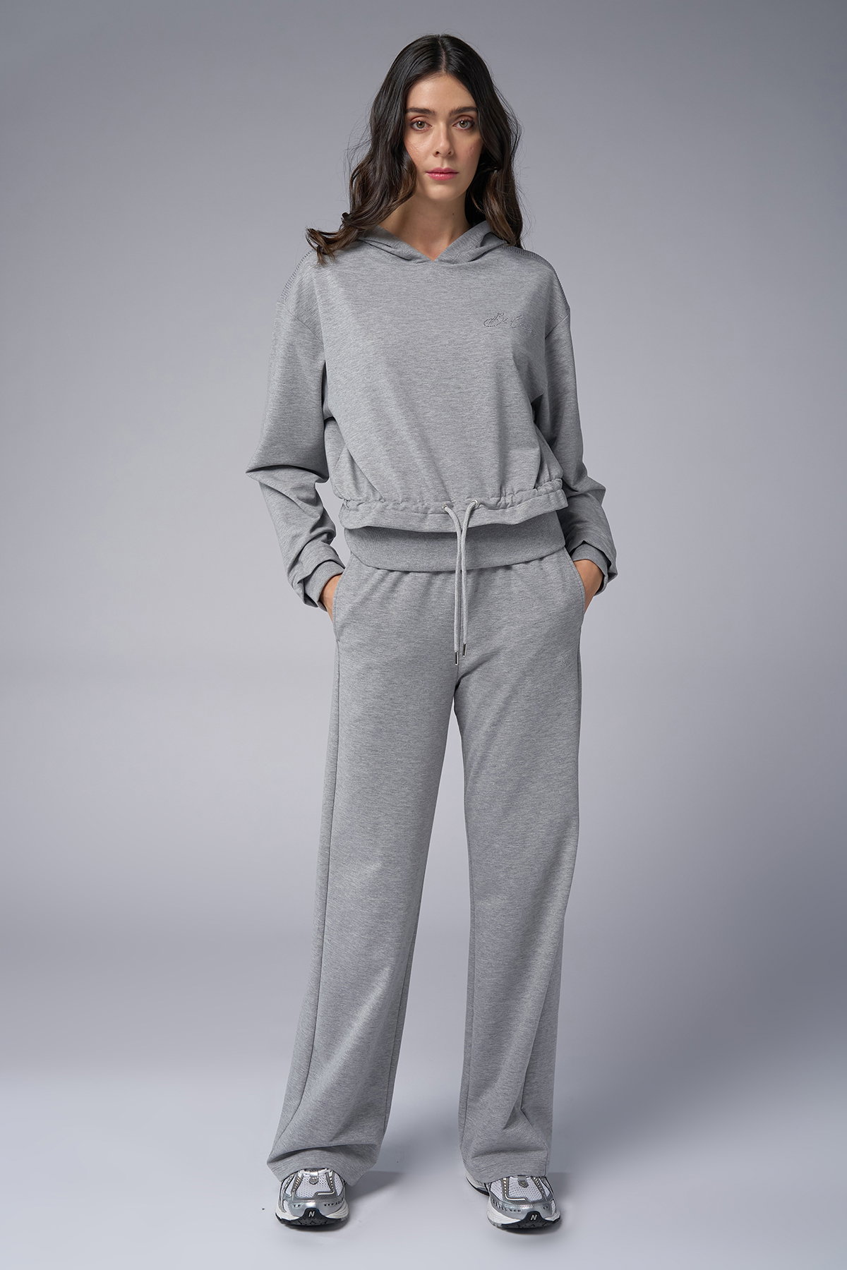 Kadın Gri Melanj Taş Baskılı Sweatshırt Pantolon Takım | 4043 - BİLCEE (1)