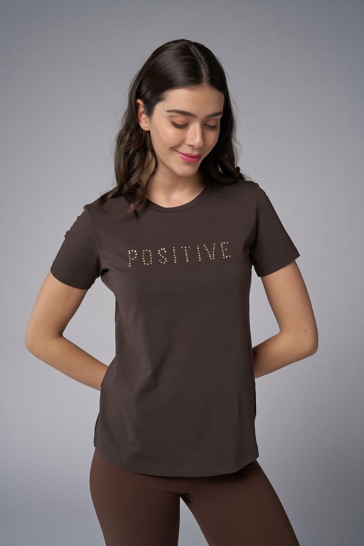 Kadın Kahverengi Geometrik Droplu Tişört | 4176 - BİLCEE