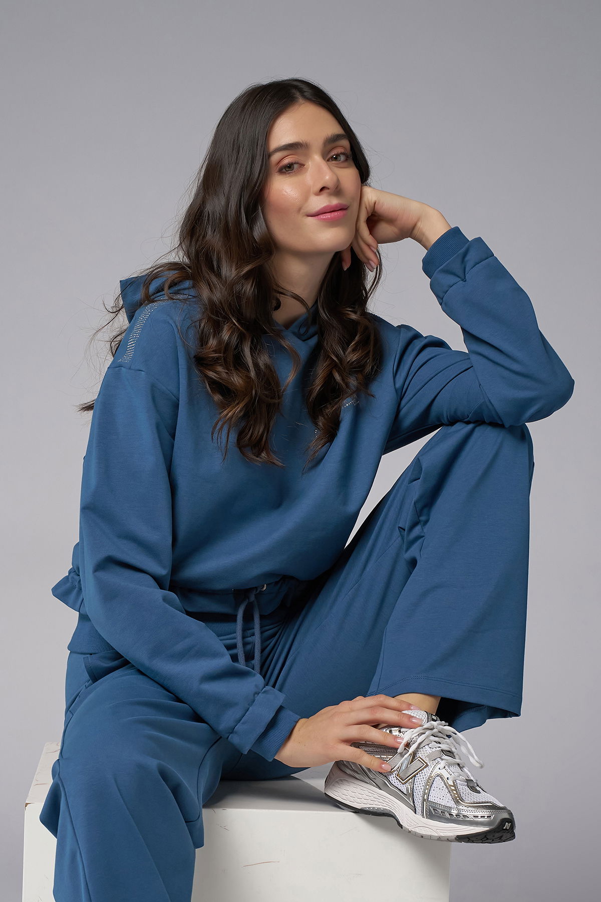 Kadın Koyu Mavi Taş Baskılı Sweatshırt Pantolon Takım | 4043 - BİLCEE (1)