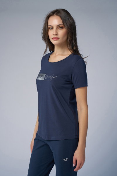 Kadın Lacivert Önü Baskılı ve Taşlı Tişört | 4069 