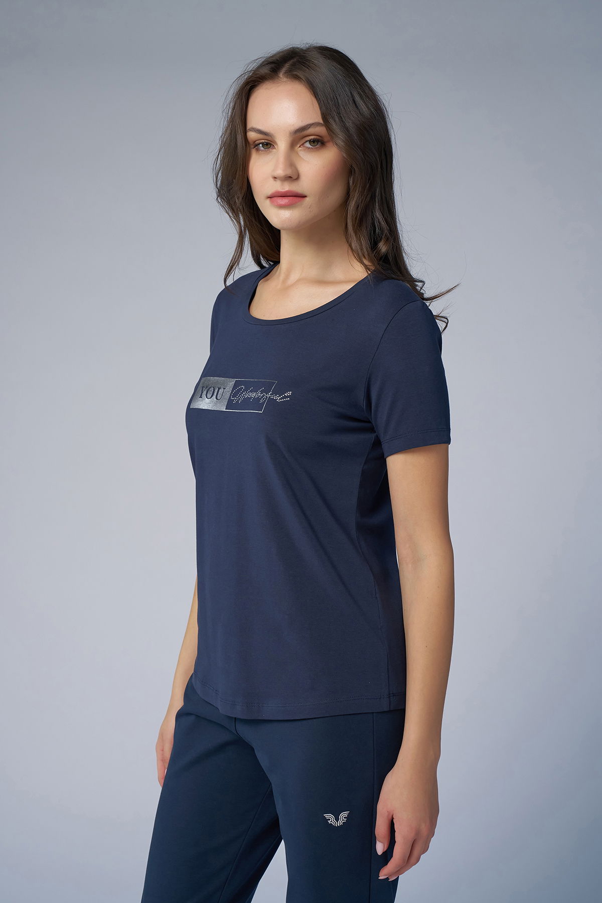 Kadın Lacivert Önü Baskılı ve Taşlı Tişört | 4069 - BİLCEE