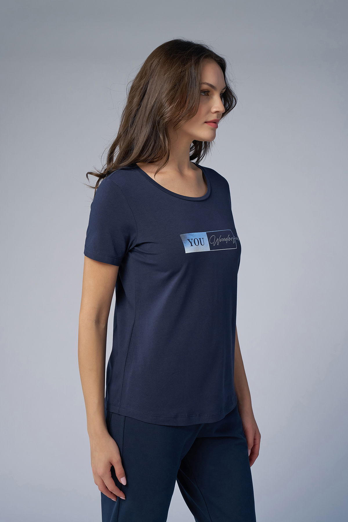 Kadın Lacivert Önü Baskılı ve Taşlı Tişört | 4069 - BİLCEE (1)