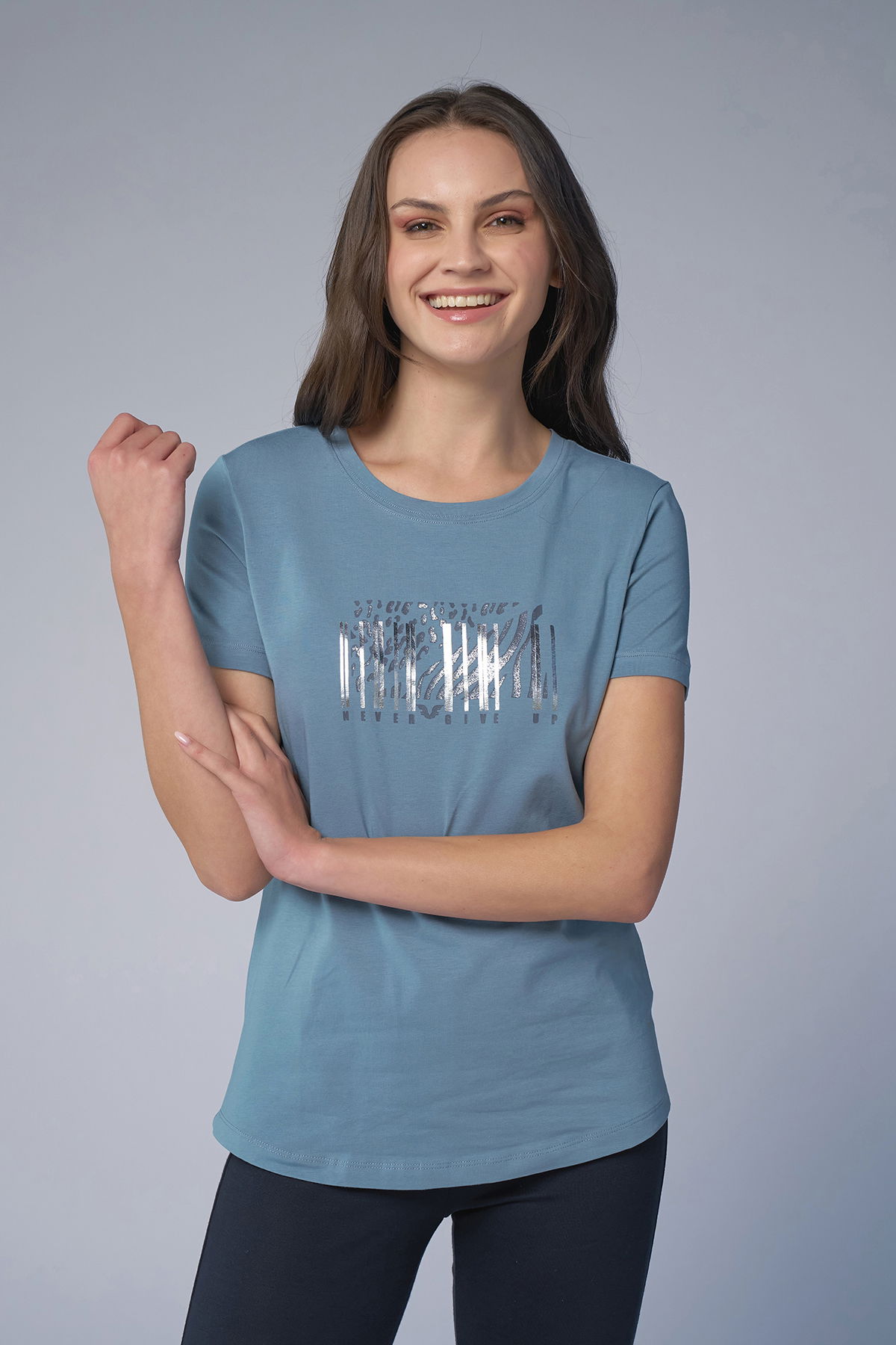 Kadın Mavi Baskılı Tişört | 4071 - BİLCEE