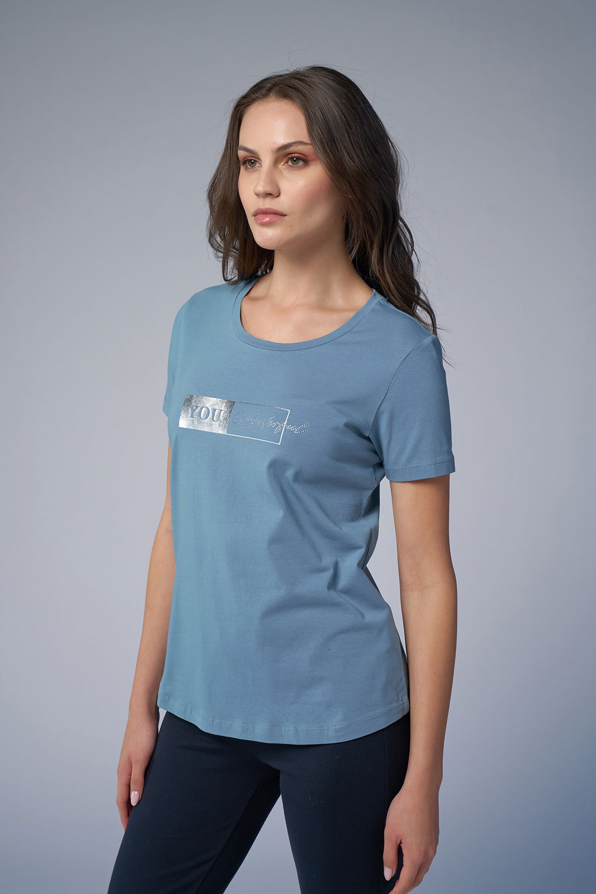 Kadın Mavi Önü Baskılı ve Taşlı Tişört | 4069 - BİLCEE (1)