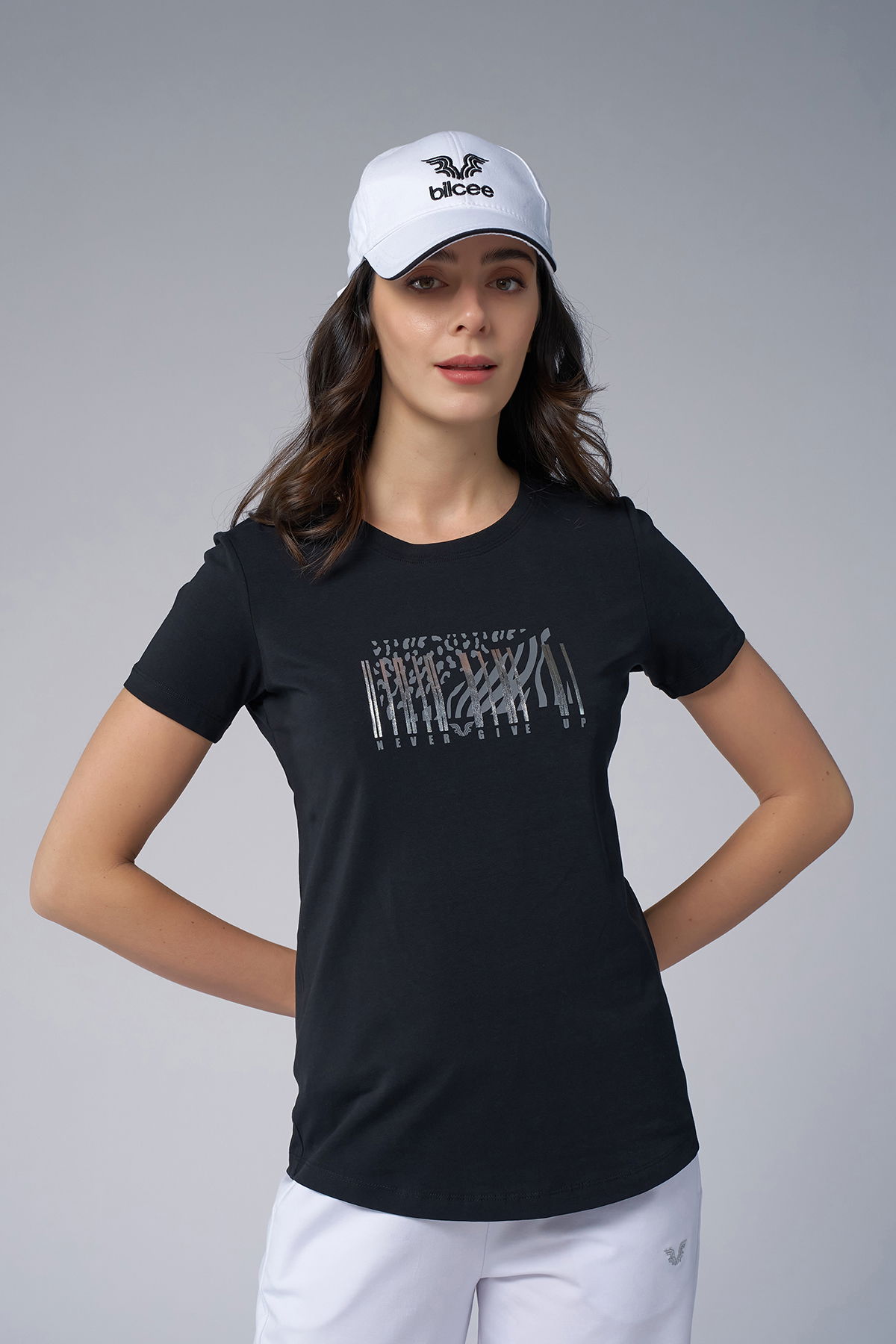Kadın Siyah Baskılı Tişört | 4071 - BİLCEE