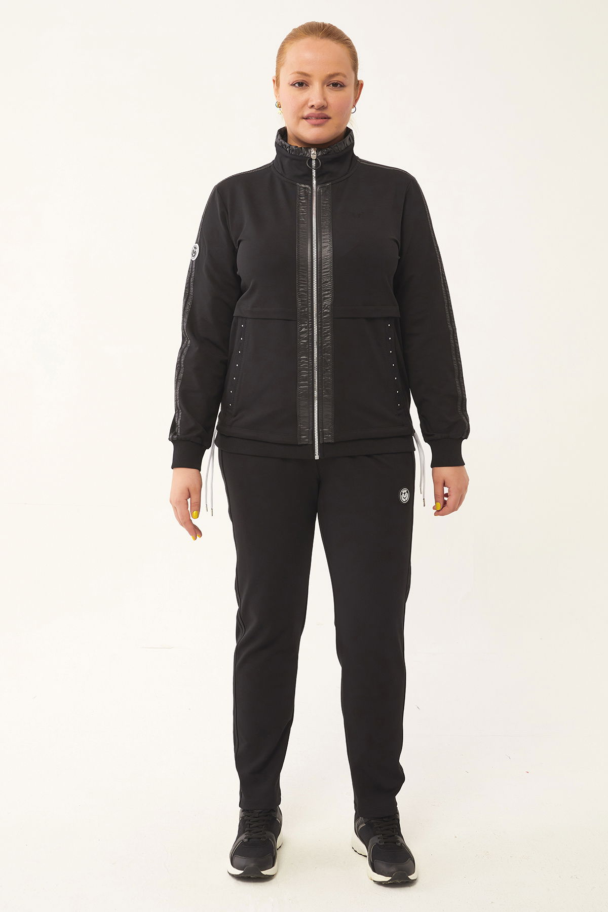 Kadın Siyah Büyük Beden Şeritli Dokuma Detaylı Pamuklu Eşofman Takım 1582 - BİLCEE