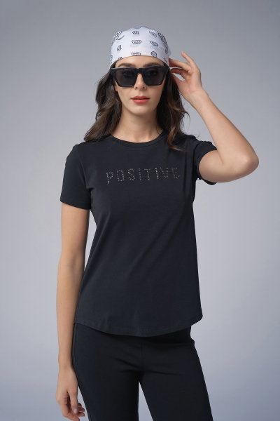 Kadın Siyah Geometrik Droplu Tişört | 4176 