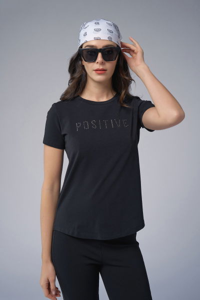 Kadın Siyah Geometrik Droplu Tişört | 4176 