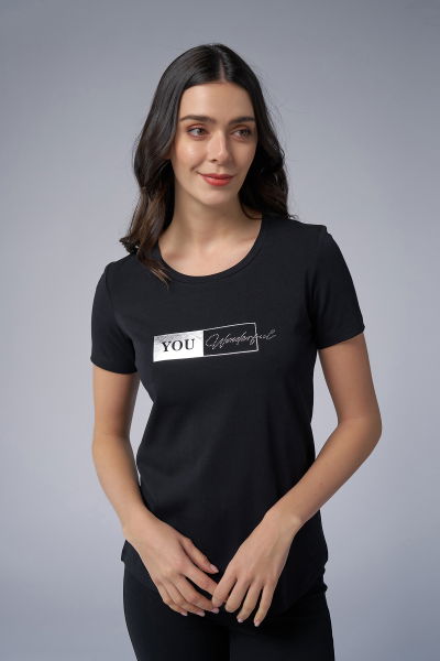 Kadın Siyah Önü Baskılı ve Taşlı Tişört | 4069 