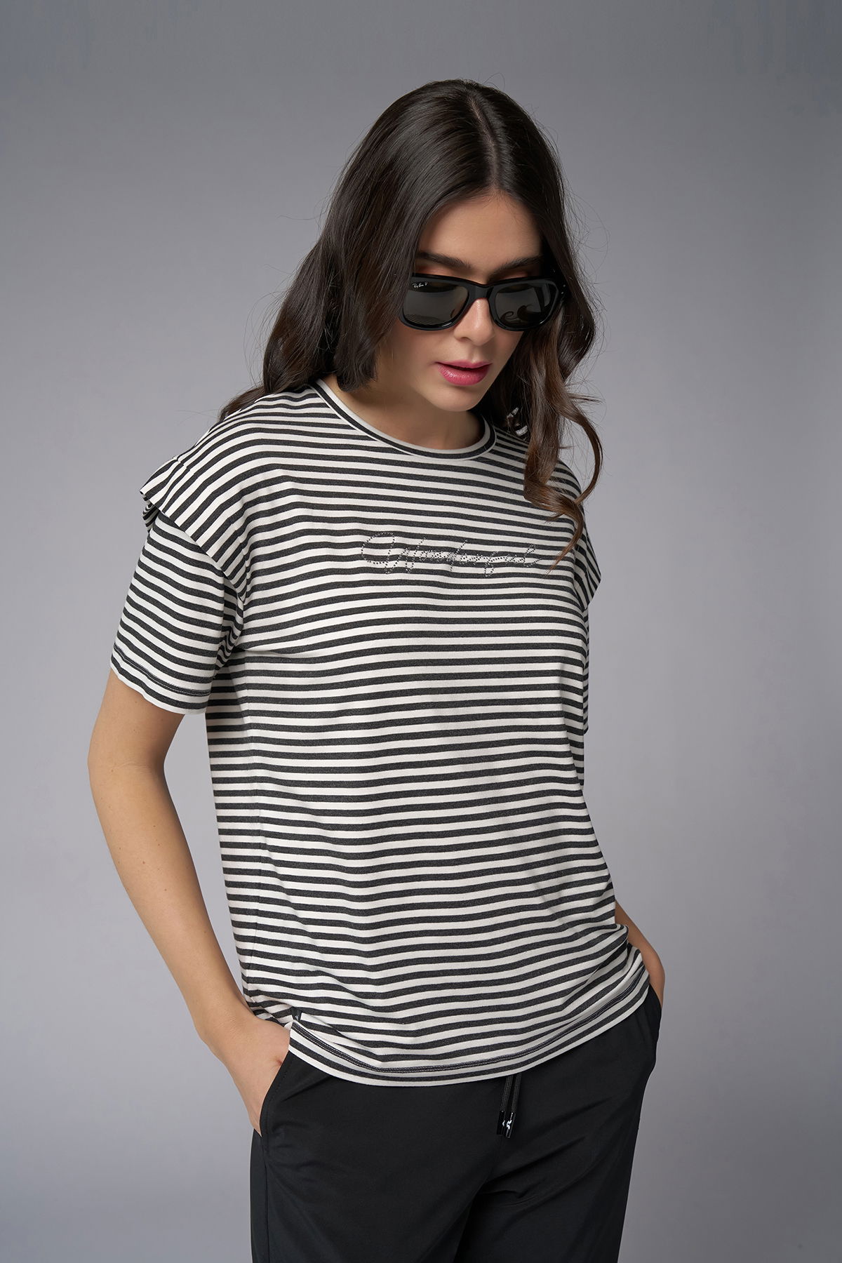 Kadın Siyah Ringelli Modal Tişört | 4053 - BİLCEE