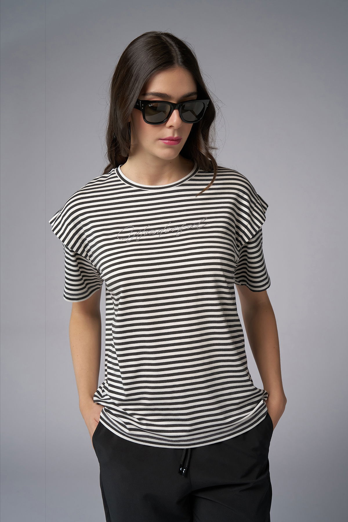 Kadın Siyah Ringelli Modal Tişört | 4053 - BİLCEE (1)