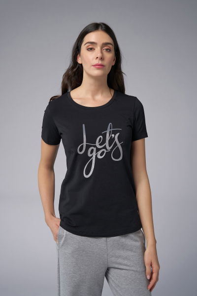 Kadın Siyah Sim Baskılı Tişört | 4178 