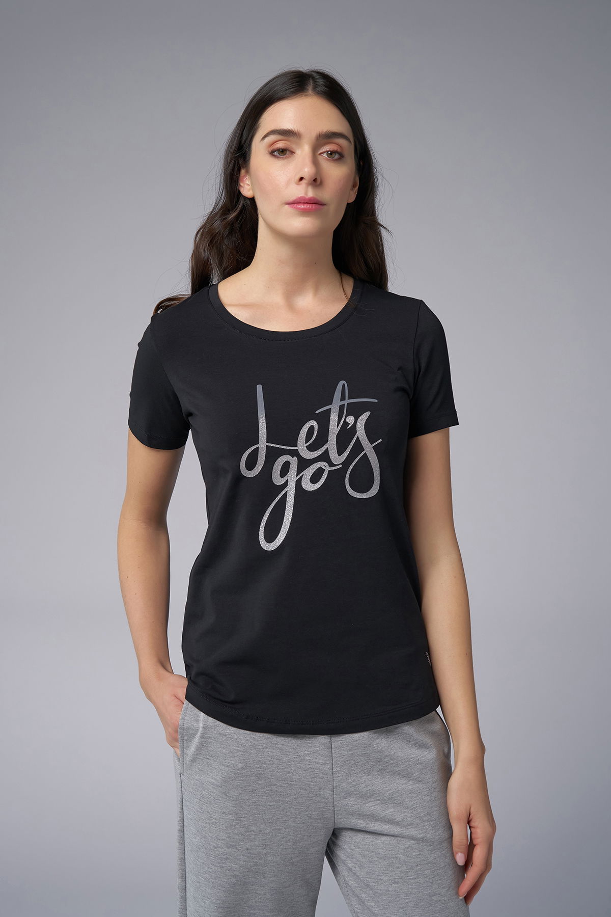 Kadın Siyah Sim Baskılı Tişört | 4178 - BİLCEE