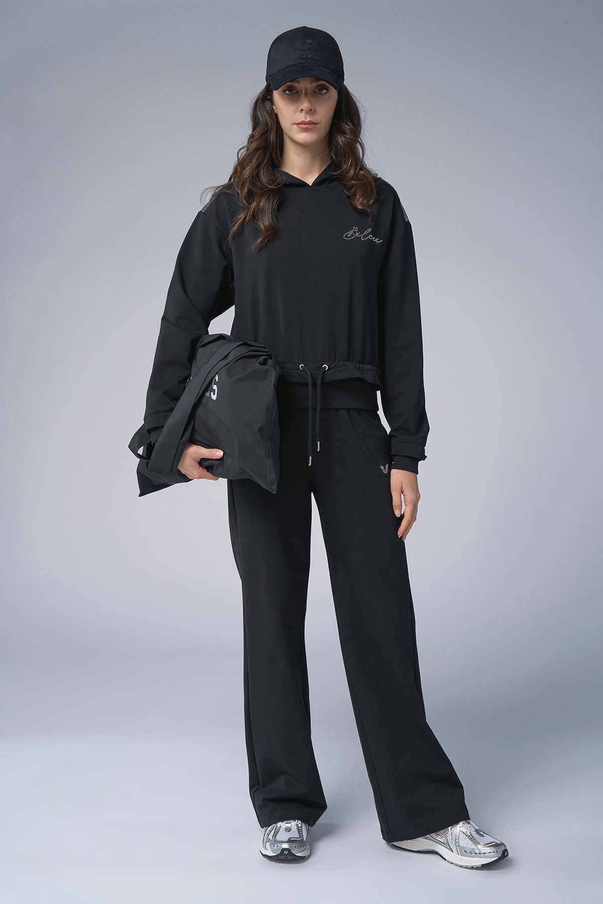 Kadın Siyah Taş Baskılı Sweatshırt Pantolon Takım | 4043 - BİLCEE