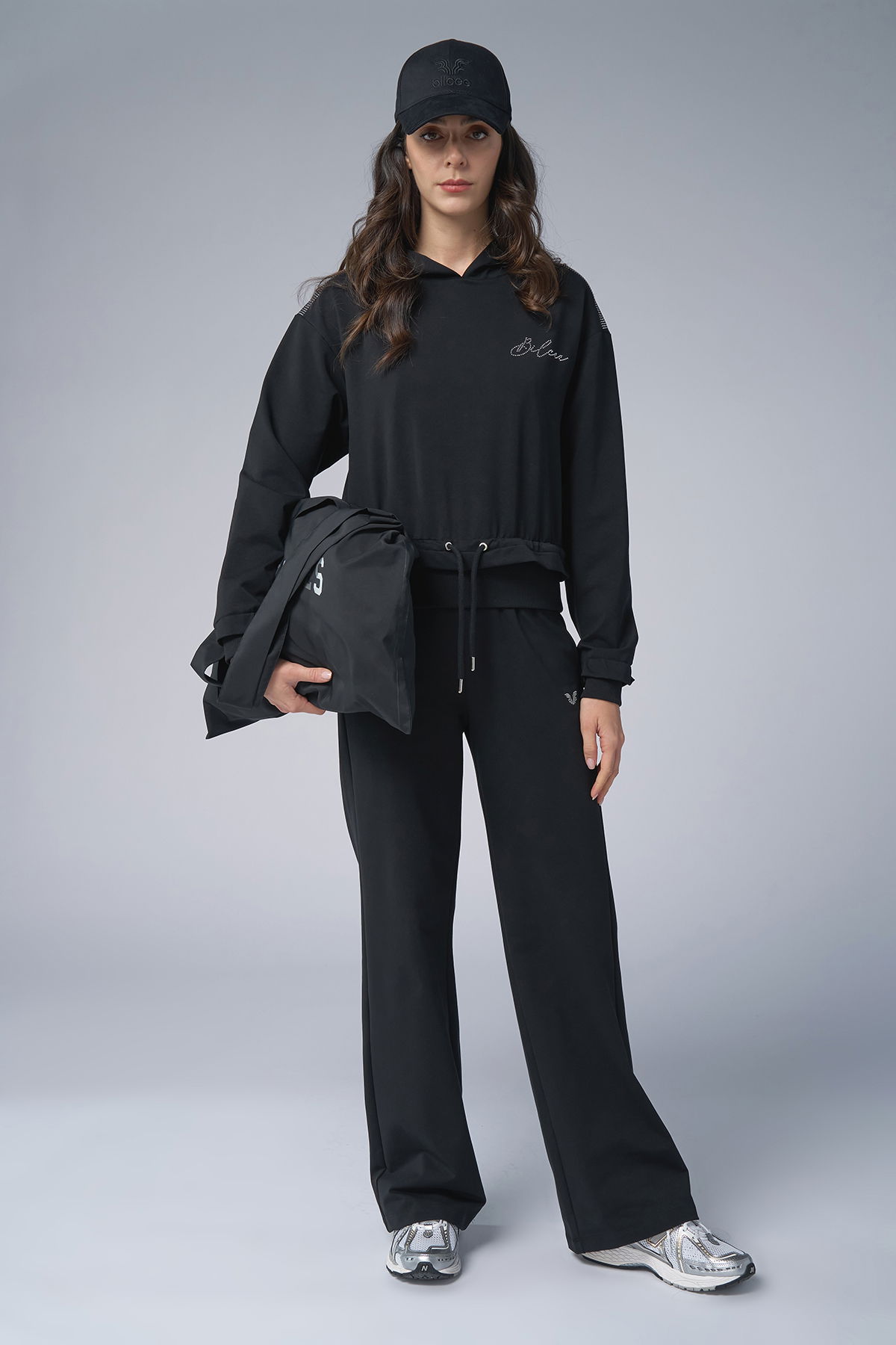 Kadın Siyah Taş Baskılı Sweatshırt Pantolon Takım | 4043 - BİLCEE