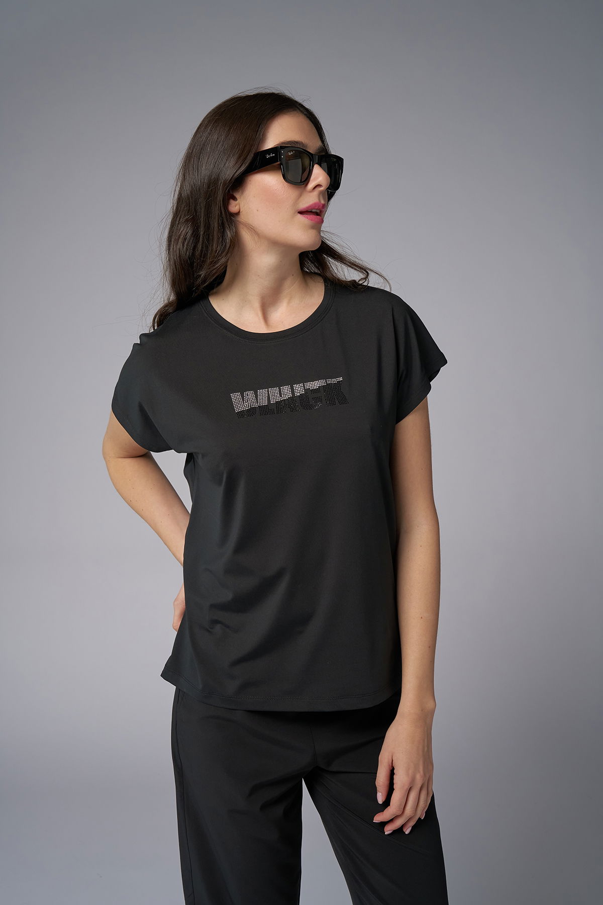 Kadın Siyah Taş Baskılı Tişört | 4079 - BİLCEE (1)