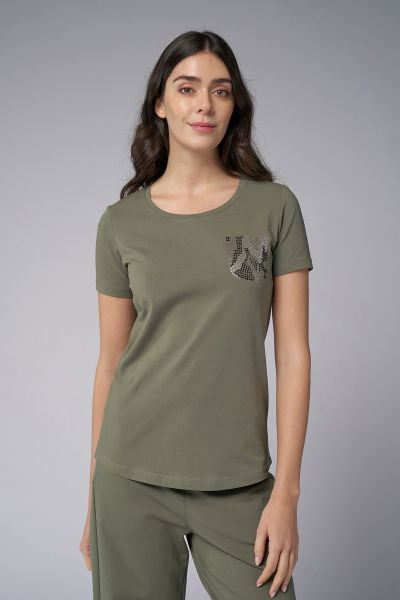 Kadın Yeşil Cep Taş Baskılı Tişört | 4077 