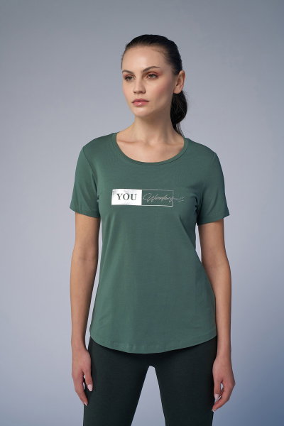 Kadın Yeşil Önü Baskılı ve Taşlı Tişört | 4069 