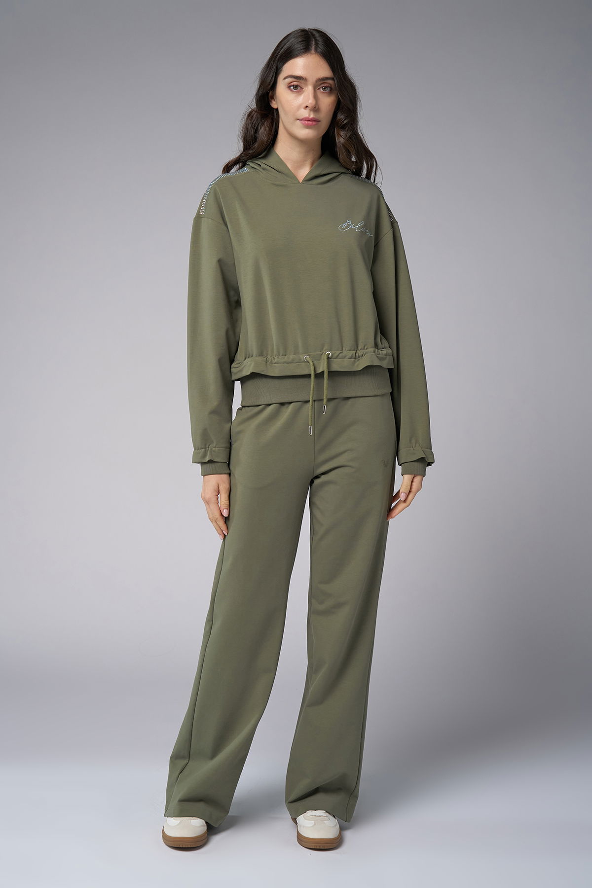 Kadın Yeşil Taş Baskılı Sweatshırt Pantolon Takım | 4043 - BİLCEE (1)