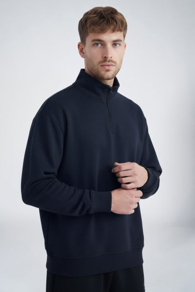 Peak Erkek Lacivert Oversize Fermuarlı Yaka Sweatshirt | 7021 